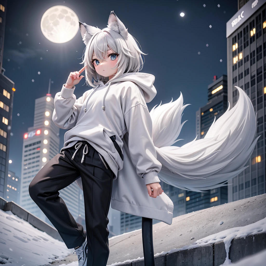 A 20-aged man, with gray wolf ears and tail, wearing overfit white hoodie and black pants, white snickers, looking at the full moon on the sky, snowing modern city background