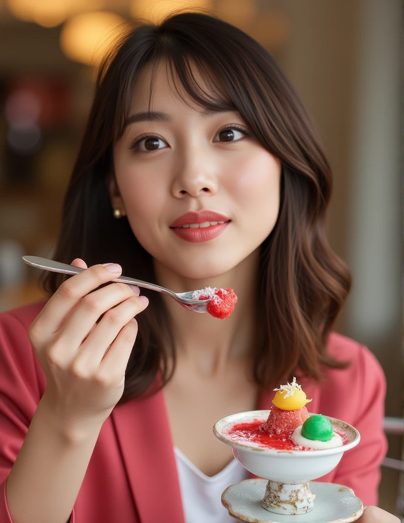 Photorealistic image of a woman,
 "A woman with a playful smile holds a spoonful of a colorful dessert in front of her face, her eyes sparkling with anticipation. The vibrant colors of the dessert and her outfit pop against the neutral background of a chic cafe. The composition is carefully arranged, showcasing the delicious treat and the woman's playful expression.", (best quality), (masterpiece), 16k, 8K, ultra detailed, detailed skin, detailed face, masterpiece, best quality, ultra-detailed, intricate details, high resolution, 8k, sharp focus, vivid colors, high contrast, cinematic lighting