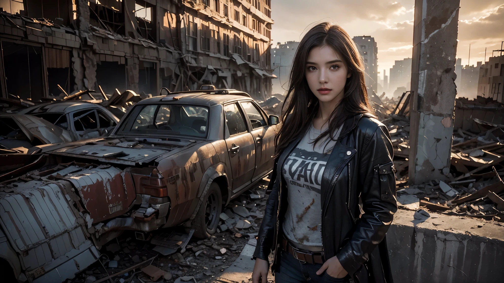 masterpiece, high res,8K,(Portrait Photos:1.5),(R Original Photo),Reality,Digital Photography,(Apocalyptic ruins ),City ruins，beautiful 20 year old woman，sentry， post-apocalyptic scene，Medium distance photography， torn clothes 