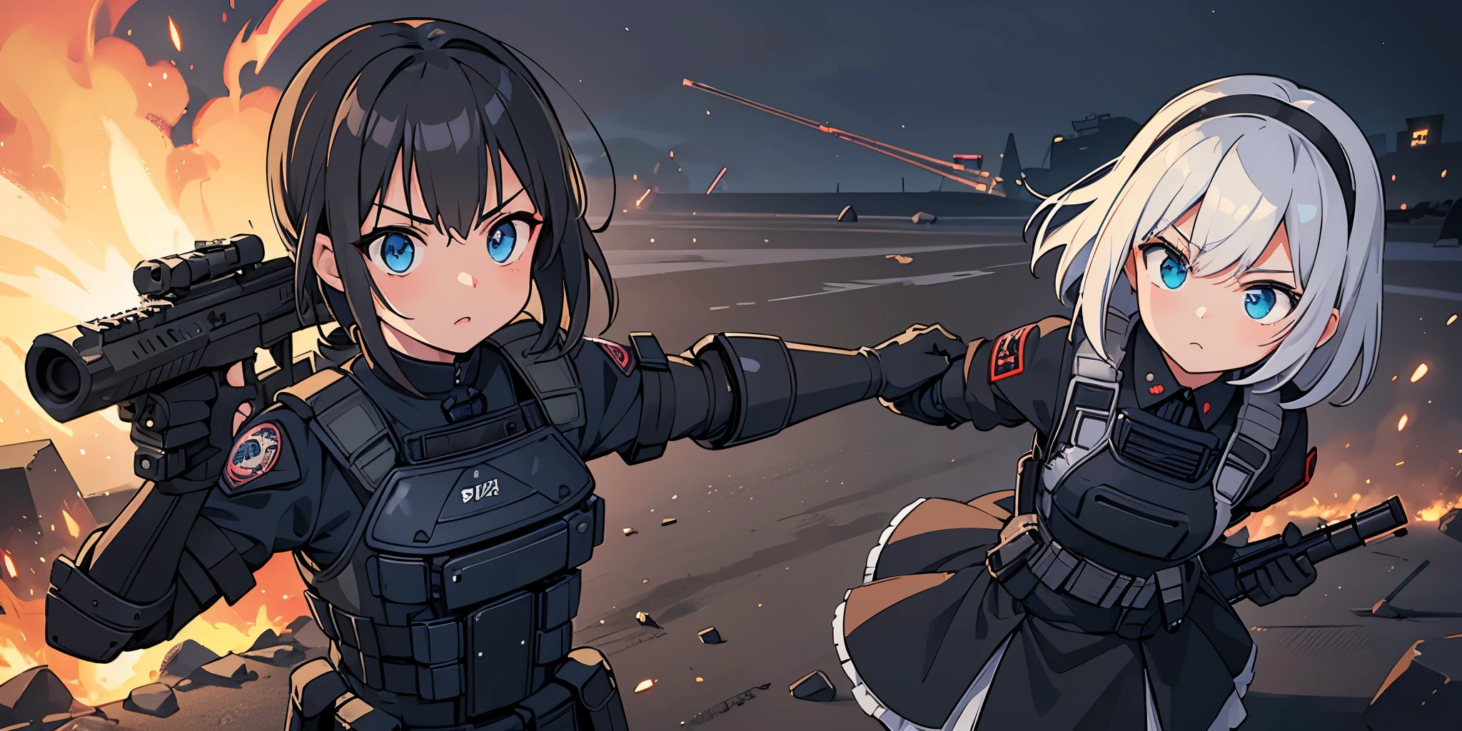 (Anime style),high quality, 1girl, 1girl solo, Tactical maid, maid outfit, tactical outfit, (((tactical rigid chest protector))), tactical gloves, tactical command, tactical accessories, explosions in the background, gun standoff scene, in the middle of crossfire, bullets passing at her side, center focus, expression of coldness, short hair, hair movement, fire bullet flashes, target-focused attitude, coldness expression, detailed eyes, post-apocalyptic, dark, sinister, disturbing, threatening, gloomy, stormy, bright, vibrant, dynamic, energetic, vivid, saturated, exciting, explosion reflex in her eyes, pointing her assault rifle without sight, dark sky from the embers of battle, attention to detail, tactical maid, black leather fingerless gloves, girl, maid dress, maid outfit, tactical leg straps, tactical, looking at viewer, (((tactical chest protector))), tactical straps, tactical harness, tactical light vest, two-tone hair, tactical protections, (((tactical bib))), cloudy, diffuse and dreamlike ethereal lighting, dramatic lighting, dramatic shadows, medium shot, waist and torso plane, tilt shift photography, motion blur, fast motion capture,ender holding assault rifle without sight girl