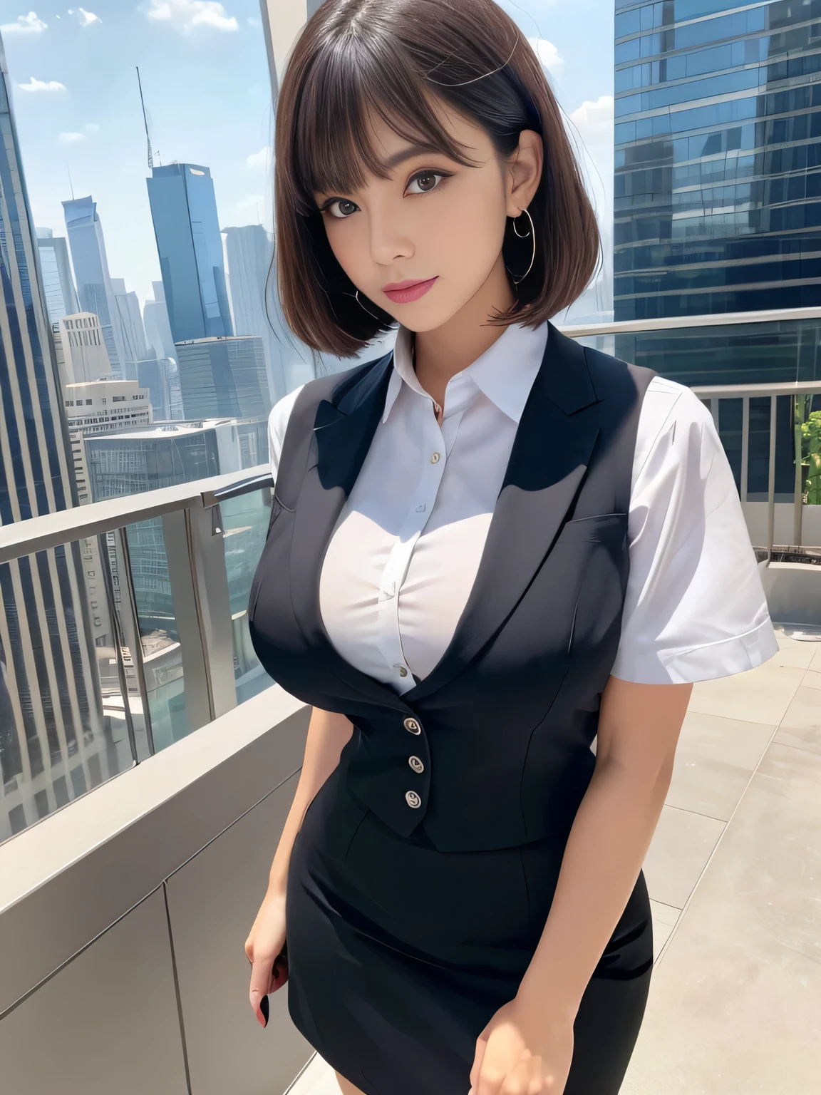 Highest quality、masterpiece、8k、Very detailed、Realistic、(One girl)、(Looking at me with a smile:1.5)、whole body、(Black Hair)、Short Hair、Small face、(Slender:1.2)、(Big Breasts:1.2)、(White business shirt with buttons and a collar:1.2)、(short tight skirt in gray,:1.2)、(Grey business jacket:1.2)