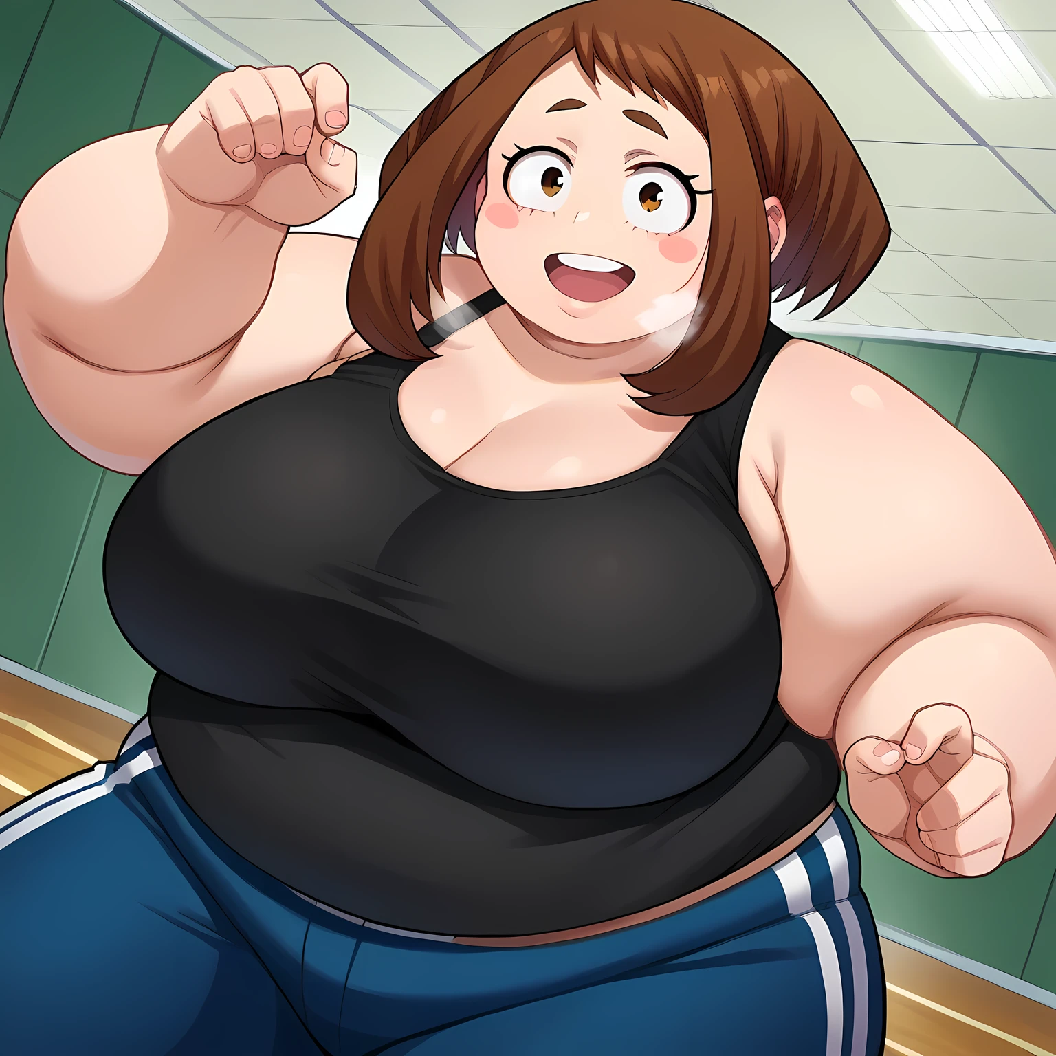 score_9, score_8_up, score_7_up, source_anime,
ochakouraraka, ochako uraraka, brown eyes, brown hair, short hair, blush, blush stickers, smile,
bare shoulders, pants, black shirt, tank top, blue pants, black tank top, track pants,
indoors,
looking at viewer, cowboy shot, dutch angle, random pose,  fat, chubby, obese, gigantic arms and legs, large breasts open mouth, out of breath, 