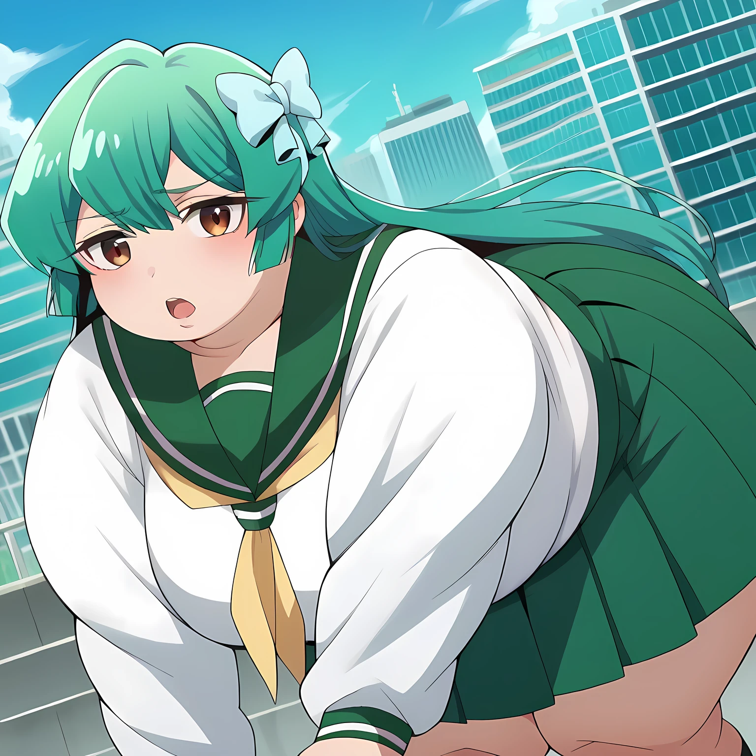 score_9, score_8_up, score_7_up, source_anime,
sayominakami, sayo minakami, long hair, brown eyes, bow, hair bow, green hair,
skirt, shirt, long sleeves, school uniform, white shirt, pleated skirt, serafuku, sailor collar, neckerchief, green skirt, green sailor collar,
outdoors, cityscape, bent over,
looking at viewer, dutch angle, cowboy shot  fat, chubby, obese, gigantic arms and legs, large breasts open mouth, out of breath