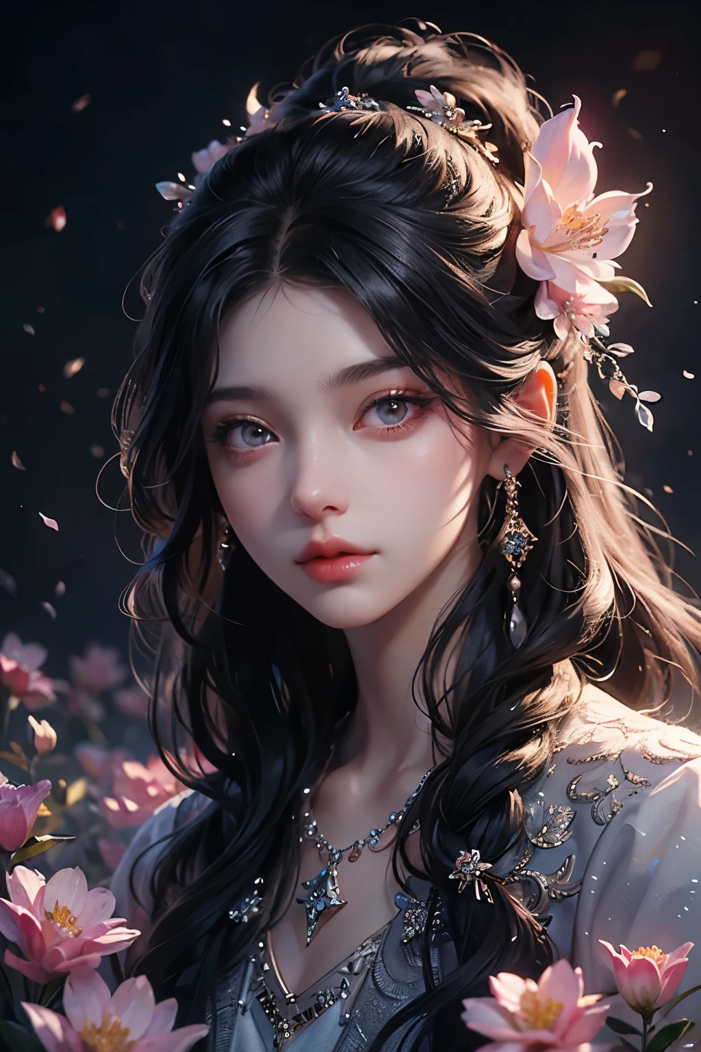 a woman, black wavy hair, pink eyes, beautiful detailed eyes, beautiful detailed lips, extremely detailed eyes and face, long eyelashes, blush, eye shadow, cute face, flowers in the hair, ethereal beauty, looking head-on at the audience, digital painting, oil painting, high quality, 4k, 8k, ultra-detailed, realistic, photorealistic, photo-realistic, HDR, UHD, studio lighting, ultra-fine painting, sharp focus, physically-based rendering, extreme detail description, professional, vivid colors, bokeh, portrait, fantasy