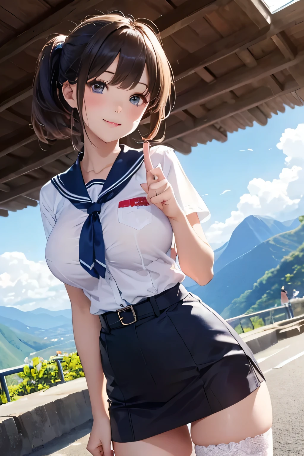 highest quality、High resolution、detailed background、beautiful and detailed face、beautiful and smooth skin、skin texture、professional lighting、Cute Beautiful Girl、A cute character who wears a sailor suit. Cute Ponytail、 No sleeve、knee high socks、pleated mini skirt、Riding a road bike through the mountains、
Road bikes can ride smoothly on slopes and mountain roads, so they are perfect for scenery in mountainous areaountain with nice view々You can enjoy the beauty of nature such as valleys and valleys.。smiling, (close up:1.3), (topless:1.6), (nipples:1.3)