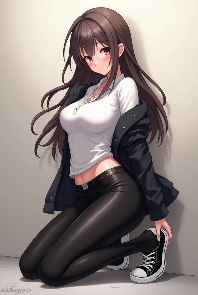 (masterpiece, best quality, detailed), 1girl, solo, looking at viewer, <lora:genshinimpact_amber-17:0.8>, amberrnd, hair ribbon, brown hair, brown eyes, <lora:Leather_Bandeau_Cargo_Pants_By_Stable_Yogi:1> leather bandeau, leather cargo pants, gloves, <lora:alley:1>, alleyway, industrial pipe, building, urban, power lines, cloudy sky, sign, dark, night, dutch angle, squatting, from below, spread legs, smile, closed mouth, v-shaped eyebrows, smug