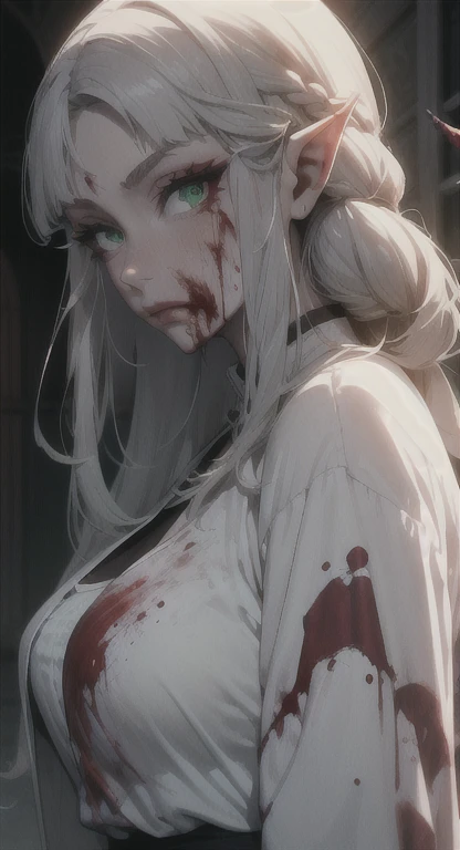 Sweating, princess Zelda, silver hair, green eyes, blood everywhere, princess Zelda covered in blood, mansion, looking at viewer blankly, blood on her face, side view, white shirt, blood dripping, blood, blood,