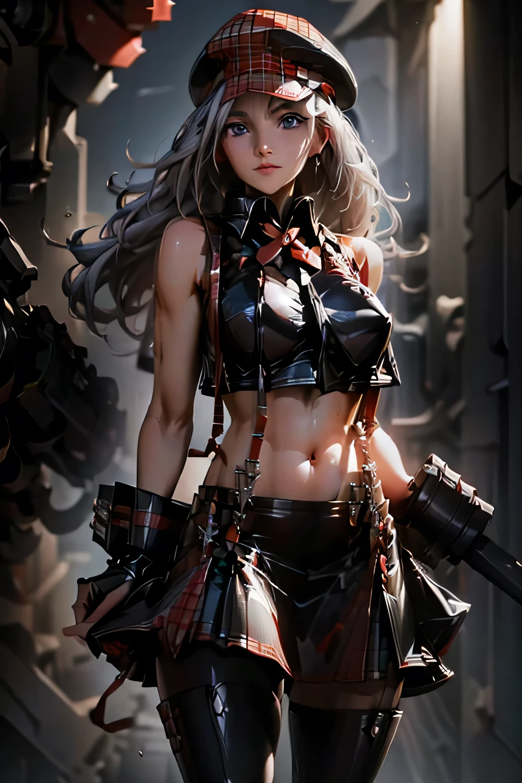  perfect anatomy　 best quality, highest resolution,(((Latex Costume　 red hat 　red latex check skirt　 suspenders　 Silver Hair　Dark blue eyes　sweat　 out of your belly button)))　God Eater　Alisa Ilinichna Amiella