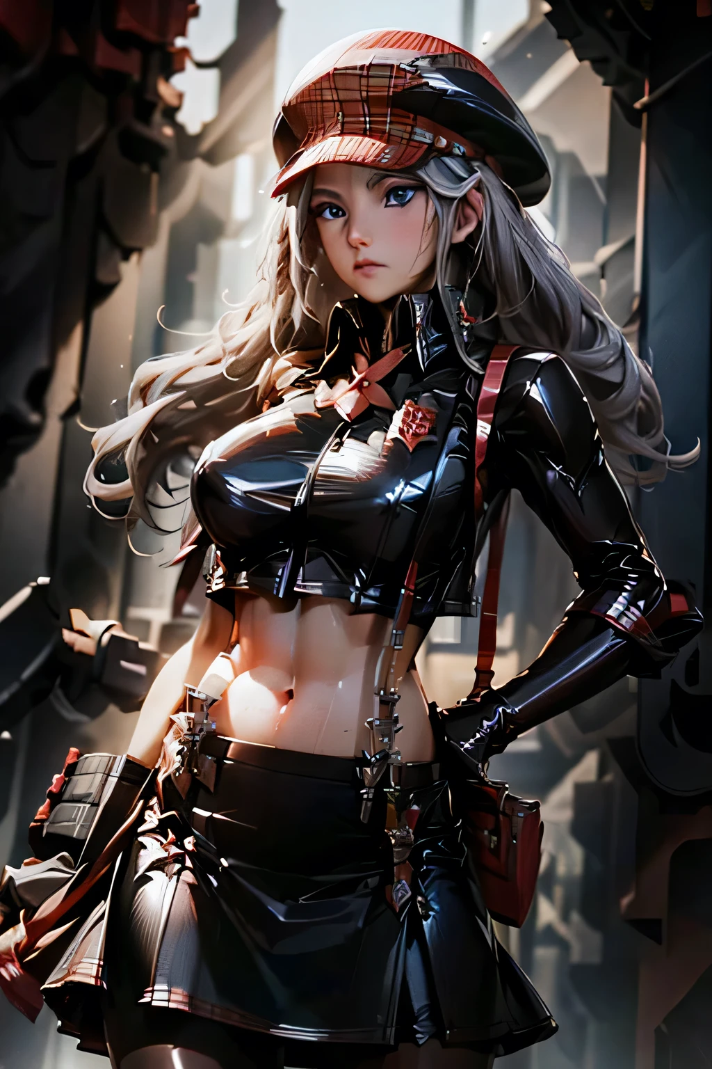  perfect anatomy　 best quality, highest resolution,(((Latex Costume　 red hat 　red latex check skirt　 suspenders　 Silver Hair　Dark blue eyes　sweat　 out of your belly button)))　God Eater　Alisa Ilinichna Amiella