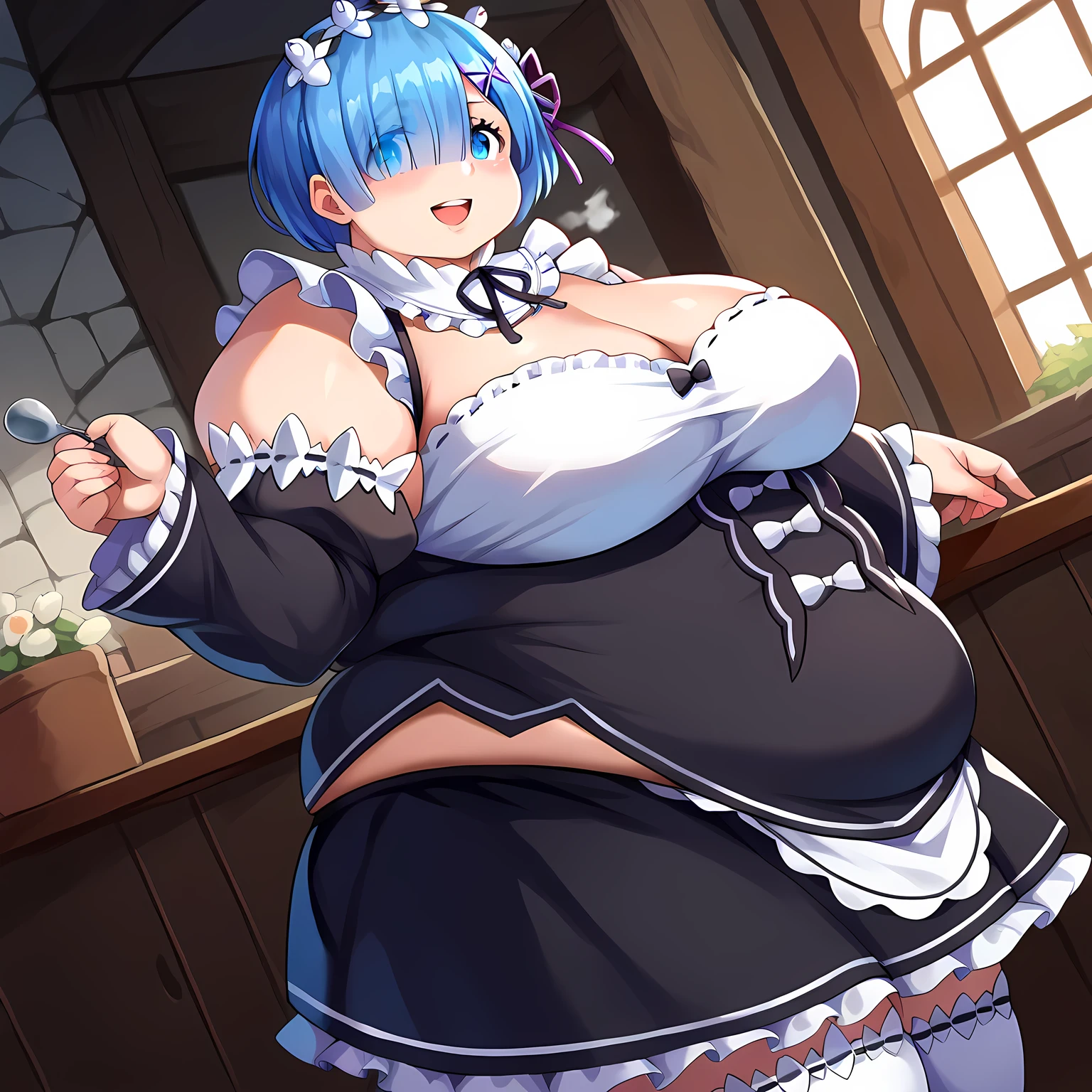 score_9, score_8_up, score_7_up, source_anime,
rezerorem, rem, blue eyes, blue hair, hair ornament, hair over one eye, hair ribbon, short hair, x hair ornament, smile,
apron, black ribbon, black skirt, black sleeves, detached collar, detached sleeves, flower, frilled apron, frilled skirt, frills, head wreath, long sleeves, maid, miniskirt, neck ribbon, purple ribbon, ribbon, ribbon trim, ribbon-trimmed sleeves, roswaal mansion maid uniform, short hair, skirt, thighhighs, waist apron, white apron, white thighhighs,
indoors,
looking at viewer, dutch angle, cowboy shot,  fat, chubby, obese, gigantic arms and legs, large breasts open mouth, out of breath, from side