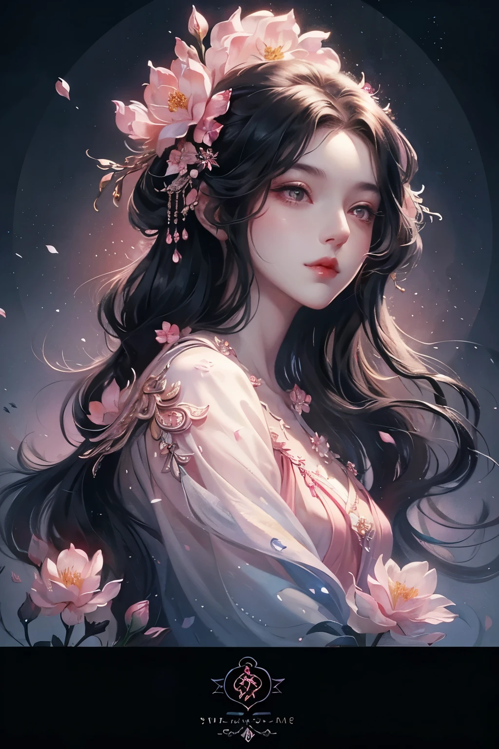 a woman, black wavy hair, pink eyes, blush, eye shadow, cute face, long hair, flowers in the hair, ethereal beauty, looking head-on at the audience, beautiful fantasy queen, 1girl, highly detailed, digital painting, masterpiece, photorealistic, concept art, 8k, elegant, dreamy, fantasy, soft lighting, warm color palette