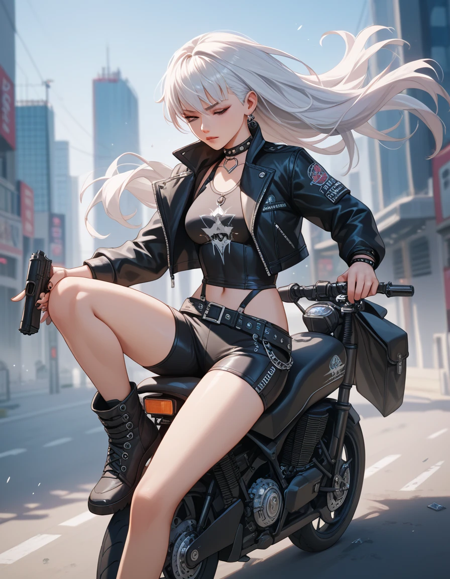 score_9, score_8_up, score_7_up, score_6_up, score_5_up, score_4_up, source_anime, BREAK, Long hair, one girl, Broken cyburpunk, riding future motorcycle, Carries a Future Pistol, Sexiness, black jacket, white hair, 