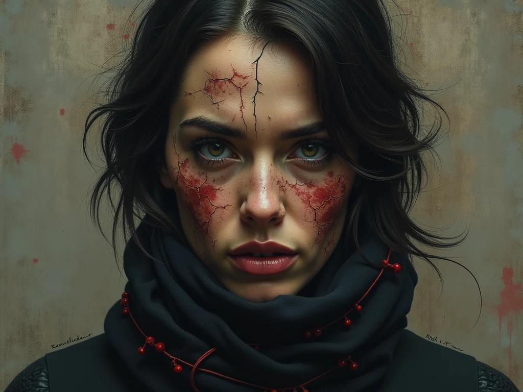 a painting of a woman with a black head scarf and a red face, scary portrait, face of a pale alien cultist, humanoid portrait, an expressive digital painting, digital painted, digital drawing, speedpaint, digital painting, digital matt painting, digital paining, digital paintting, shrouded face, eerie person, female death, halfbody portrait