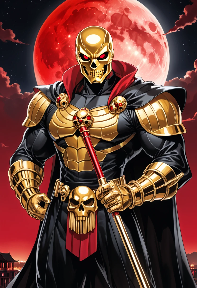 retro manga anime hero character, golden skull head, red eyes, golden body, muscular, silver baton, black high-collared cape with red lining, background huge red full moon, night sky, masterpiece, best quality, very aesthetic, absurdres, newest and recent, very aesthetic