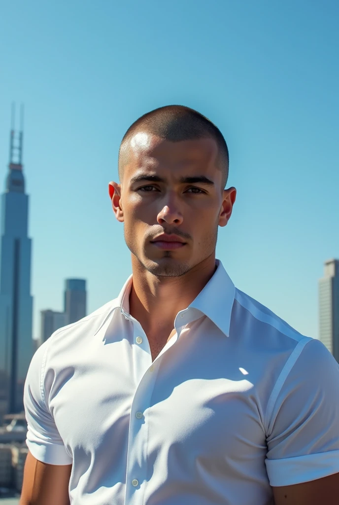 ((bald shave)), ganz kurze haare, Realistic photography, man posing in front of camera, 8k, "Design a casual summer outfit for a man who has arranged to meet up with friends for a relaxed outdoor get-together. The ensemble should be cool and comfortable, ideal for a sunny afternoon in the park or at the beach. Choose light fabrics and bright colors that capture the summer fun and casual atmosphere of the get-together."