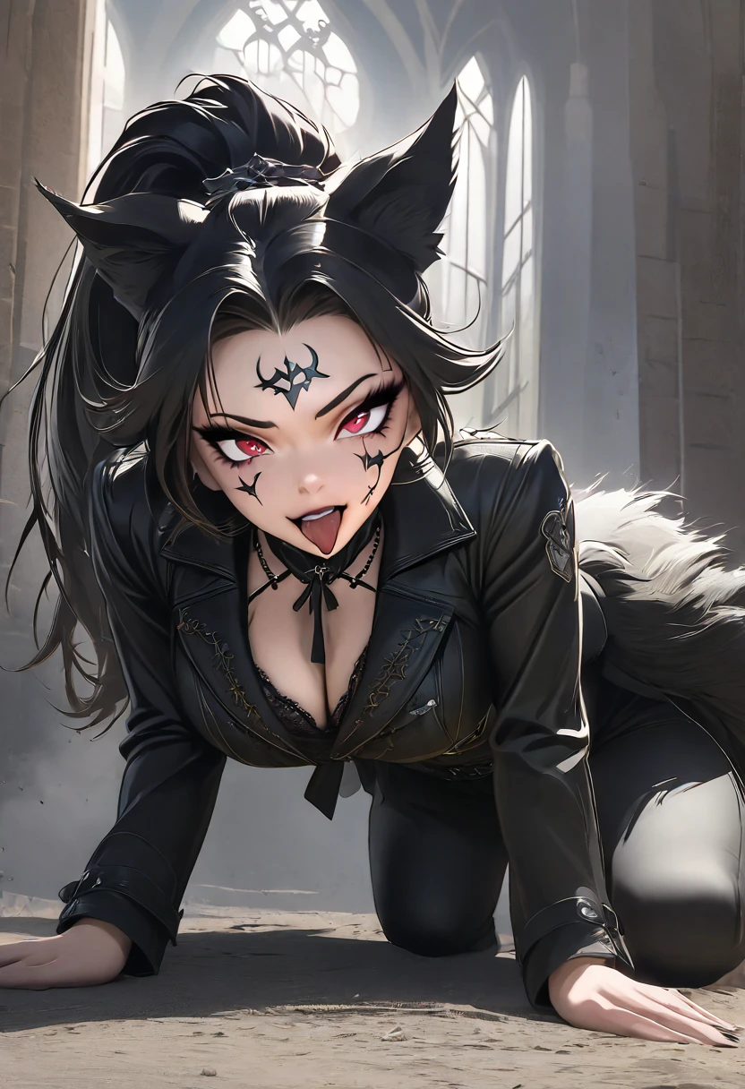 beautiful anime woman in all black German themed military clothing which includes black military trench coat, tight black jeans pants, wolf ears, wolf tail, half wolf and half human, red eye color, black hair in a ponytail, light novel art, detailed anime art, 4k, anime, horny expression, regal, royal, sexy, thicc, detailed beautiful feminine facial features, feminine face, flirtatious, sultry, slut, petite, tongue hanging out, lewd, mischievous girl, bratty sharp canines, aheago, evil, villain, naughty, all black clothing, gothic, Ww2 vibes, on all fours position, high quality, very detailed anime art, 8k, ww2 general, pretty slut, feminine, 