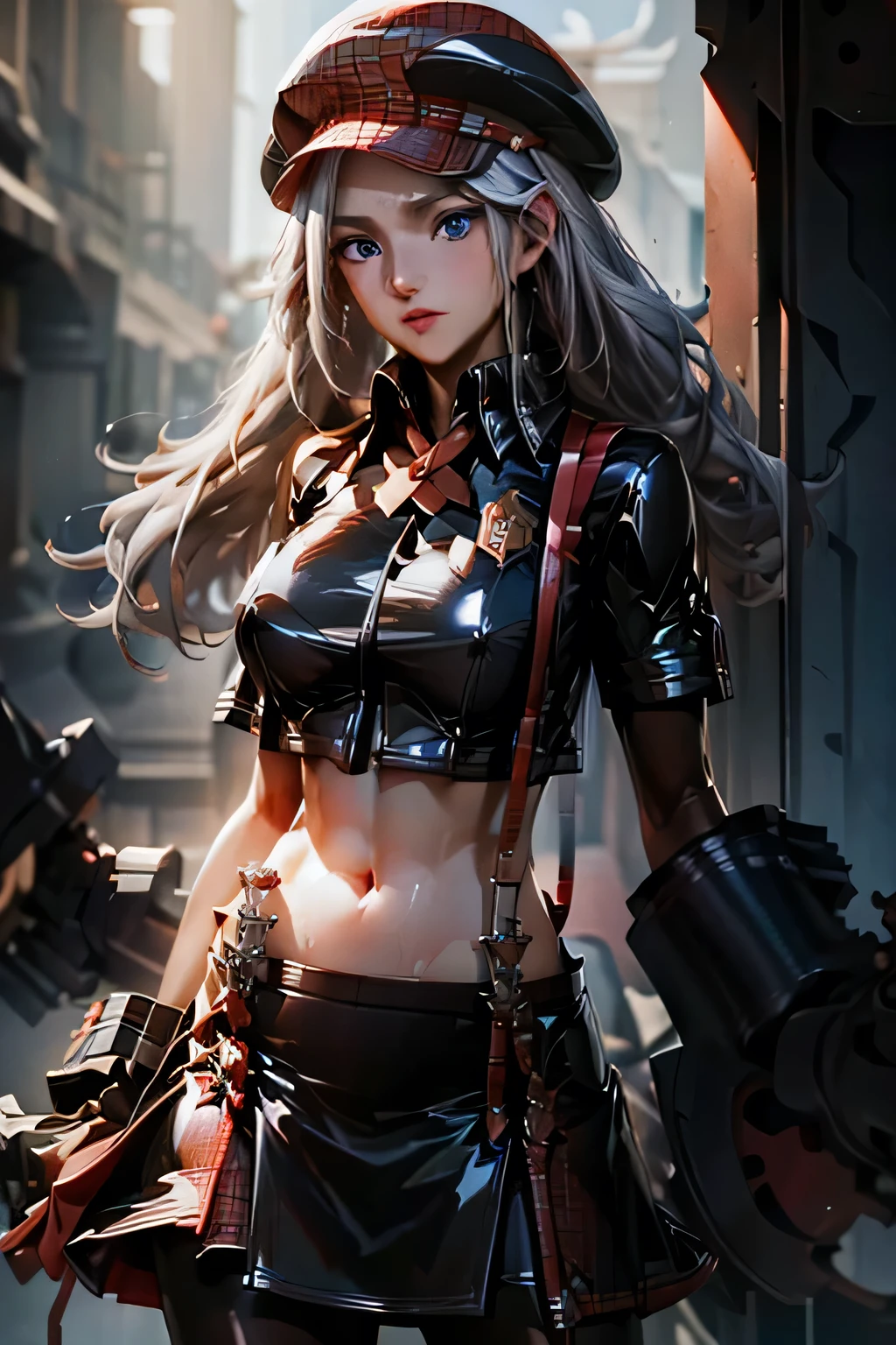  perfect anatomy　 best quality, highest resolution,(((Latex Costume　 red hat 　red latex check skirt　 suspenders　 Silver Hair　Dark blue eyes　sweat　 out of your belly button)))　God Eater　Alisa Ilinichna Amiella