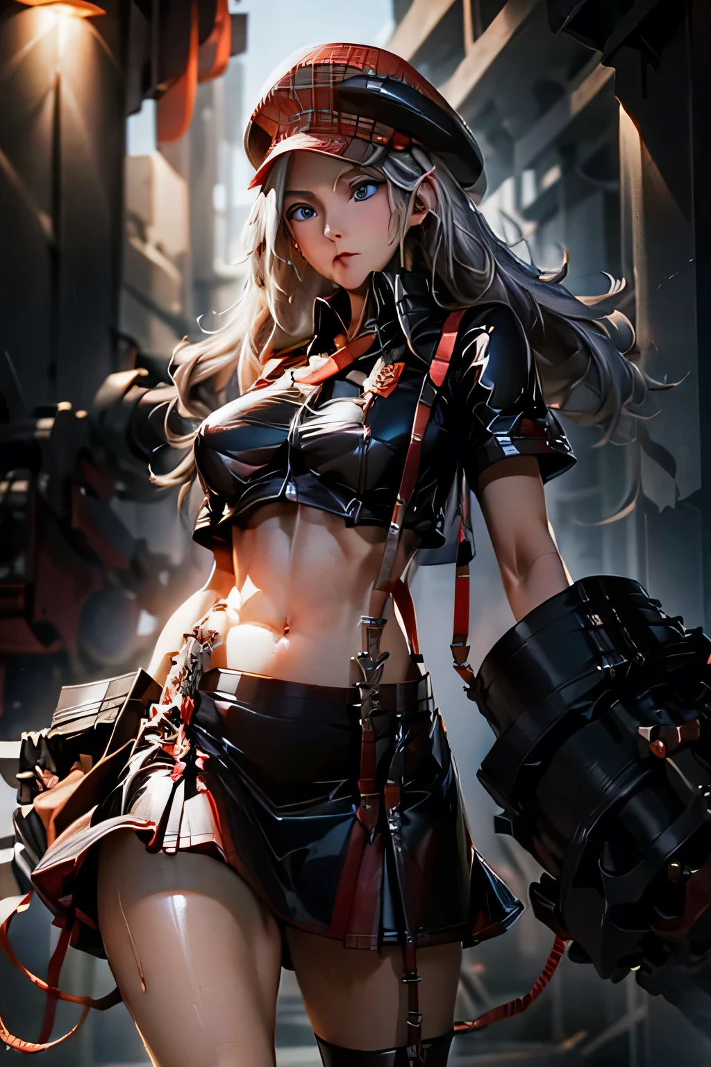  perfect anatomy　 best quality, highest resolution,(((Latex Costume　 red hat 　red latex check skirt　 suspenders　 Silver Hair　Dark blue eyes　sweat　 out of your belly button)))　God Eater　Alisa Ilinichna Amiella