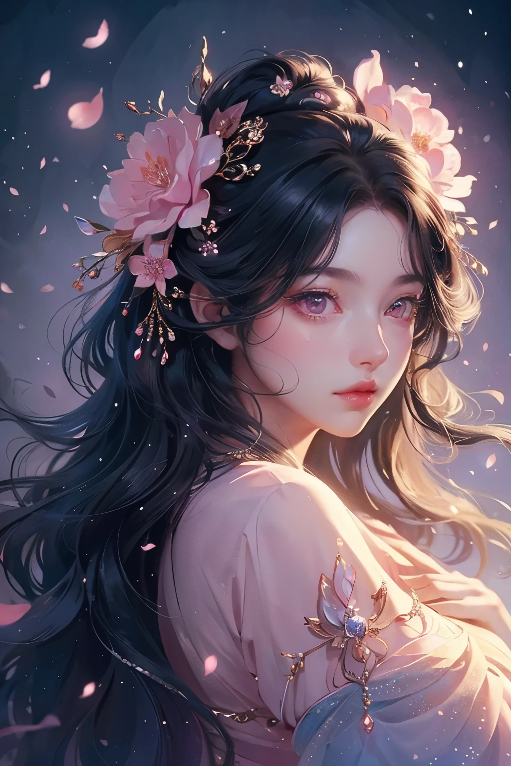 A beautiful woman with long black wavy hair and radiant pink eyes, wearing delicate makeup with soft blush and eye shadow, has an ethereal and enchanting expression. Flowers are artfully woven into her hair, adding to her mystical, fantasy-like appearance. She gazes directly at the audience, embodying the essence of a stunning fantasy queen.

(best quality,4k,8k,highres,masterpiece:1.2),ultra-detailed,(realistic,photorealistic,photo-realistic:1.37),1girl,black wavy hair,pink eyes,blush,eye shadow,cute face,long hair,flowers in hair,ethereal beauty,looking at viewer,beautiful fantasy queen