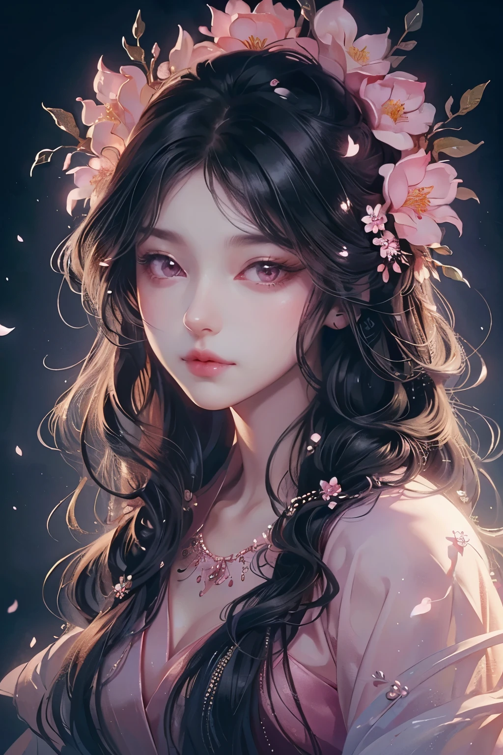 A beautiful woman with long black wavy hair and radiant pink eyes, wearing delicate makeup with soft blush and eye shadow, has an ethereal and enchanting expression. Flowers are artfully woven into her hair, adding to her mystical, fantasy-like appearance. She gazes directly at the audience, embodying the essence of a stunning fantasy queen.

(best quality,4k,8k,highres,masterpiece:1.2),ultra-detailed,(realistic,photorealistic,photo-realistic:1.37),1girl,black wavy hair,pink eyes,blush,eye shadow,cute face,long hair,flowers in hair,ethereal beauty,looking at viewer,beautiful fantasy queen