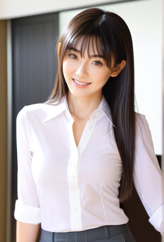 highest quality, figure, super detailed, finely, High resolution, 8k wallpaper, 完璧なダイナミックな構figure, beautiful skin, (big eyes), 20 year old beautiful girl, natural color lip, (sexy pose), mid chest, smile, Highly detailed face and skin texture, Detailed eyes, Double eyelid,leaking teeth and laughing, close-up, brown hair ponytail, (beige blouse:1.2), indoor