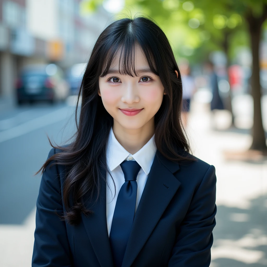 8k, Ultra-high resolution, Highest quality, masterpiece,  using the rule of thirds,Surreal, photograph, 1 Girl, (:1.3), pretty girl, Cute face, Beautiful eyes in every detail, Detailed in fine detail,masterpiece,, One Girl:1.2, Japan Female Announcer,whole body,((very small head:1.3)),Center-parted bangs,amount,Black Hair,Long Hair,Iris,Gorgeous eyes,smile,((Toned body,Slender body,skinny)),(school uniform、Dark blue blazer jacket、Navy blue tie、Grey plaid pleated mini skirt),Glowing Skin,Shiny skin,Beautiful leg line beauty,Urban area,street tree,Full of sex appeal,Sensual, carefree smile,Heal the heart,Looking at the audience、beauty,Long neck、Laugh a little、Please close your mouth and laugh、(((Ideal body type))),A cup small breasts :2,、Portraiture:2、Perfect Anatomy、vivid detailed、detailed、Surreal、Light and shadow,Strong light