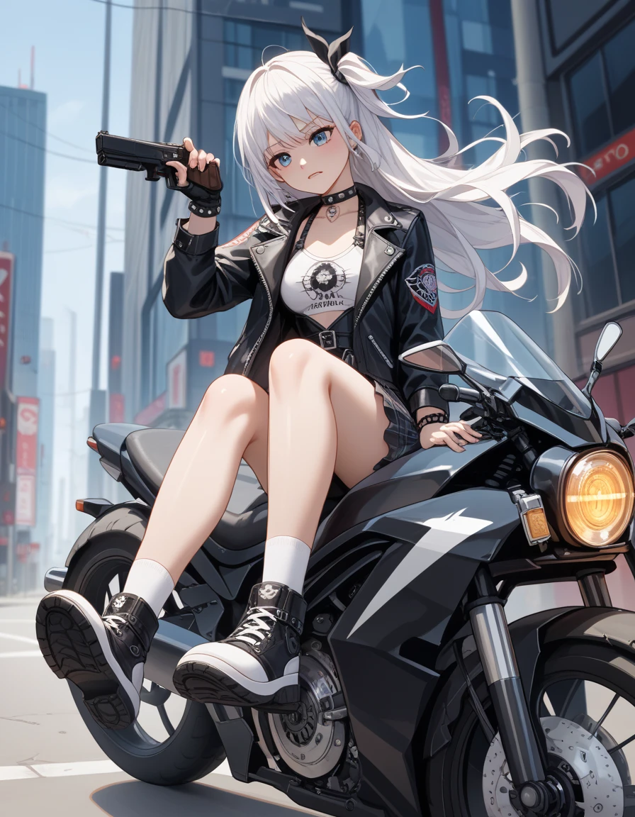 score_9, score_8_up, score_7_up, score_6_up, score_5_up, score_4_up, source_anime, BREAK, Long hair, one girl, Broken cyburpunk, riding future motorcycle, Carries a Future Pistol, Sexiness, black jacket, white hair, 정확한, 해부학적으로 정확, 디테일, 높은 디테일, 