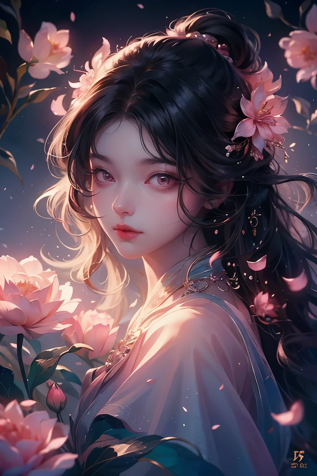 A beautiful woman with long black wavy hair, glowing pink eyes, delicate blush on her cheeks, elegant eye makeup, a cute and ethereal face, flowers entwined in her hair, looking directly at the viewer, highly detailed, photorealistic, masterpiece, 8K, HDR, dynamic lighting, vibrant colors, cinematic composition