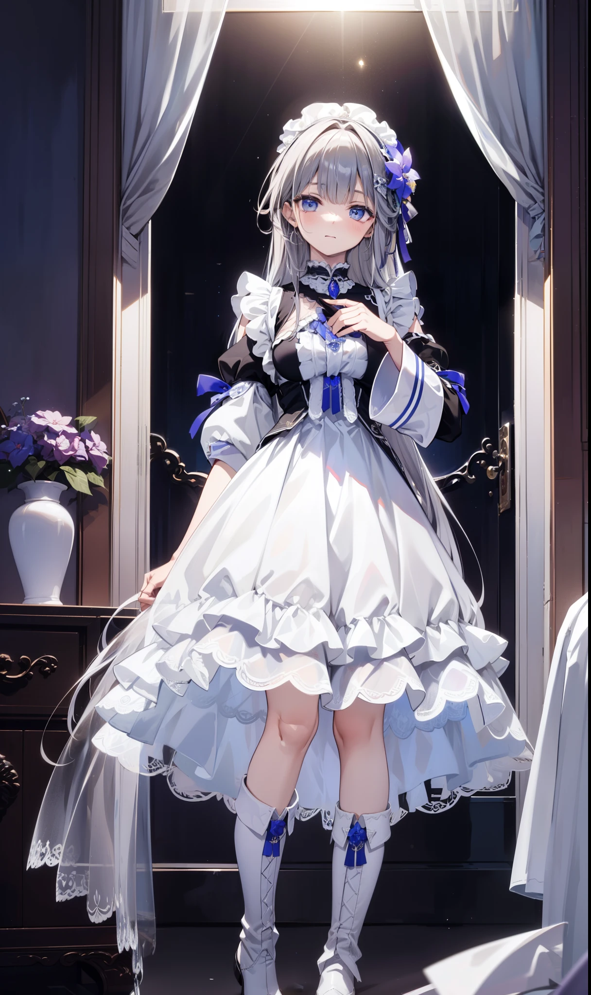 goddess,obsessed,have fun,in love,(White transparent maid uniform,With a long skirt),Silver Hair,Blue Eyes,Transparent Clothes,Exquisite hair accessories,Transparent lace,Sky blue pattern,night,Dress nicely,bedroom,solitary,night,Engraved suspender boots,Beautiful face