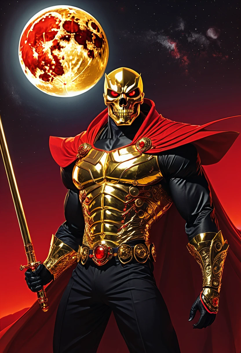 retro manga anime hero character, golden skull head, red eyes, golden body, muscular, silver baton, black high-collared cape with red lining, background huge red full moon, night sky, masterpiece, best quality, very aesthetic, absurdres, newest and recent, very aesthetic