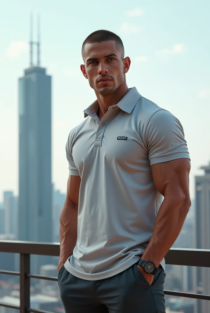 El mismo modelo posando con top y pantalon corto deportivo ajustado