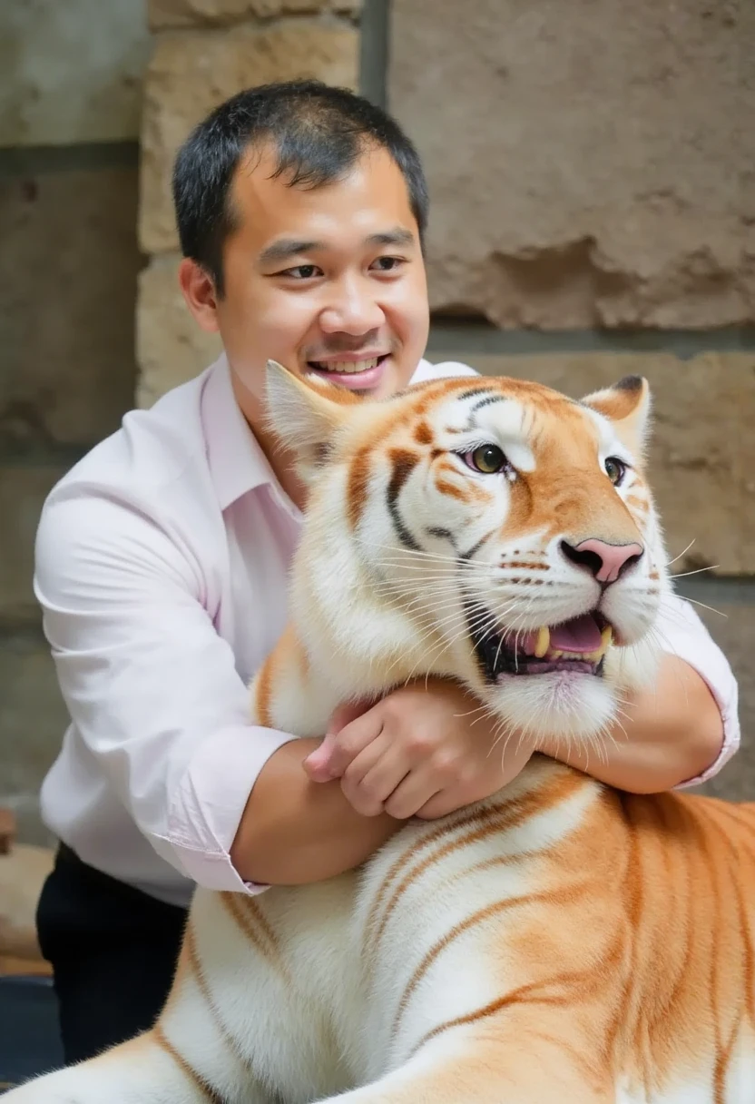 "The most realistic, Resolution 32k, masterpiece :1.2, with beautiful skin and fur details. :1.1, measurements:1.1, is a realistic image of a Thai male model with big muscles wearing a fitted white shirt that folds the sleeves up and black trousers., , which reflects sophistication and strength . เขาโอบกอดเสือสีทองที่นอนอย่างElegantบนพื้นหินอย่างอ่อนโยน. This man has a tan skin and soft skin , A confident expression on his face., .} His arms tightly but gently embrace the tiger's shoulders , emphasizing the connection between man and animal . The tiger's golden-orange fur with white stripes is detailed and bright , , which contrasts beautifully with this man's costume, . . The background is a natural stone habitat , softly blurred to give focus to this man and the tiger. . Soft, แสงธรรมชาติเน้นให้เห็นเนื้อขนของเสือและรูปลักษณ์ที่Elegantของชายคนนี้, creates a harmonious image , Elegant, And the calm atmosphere ."