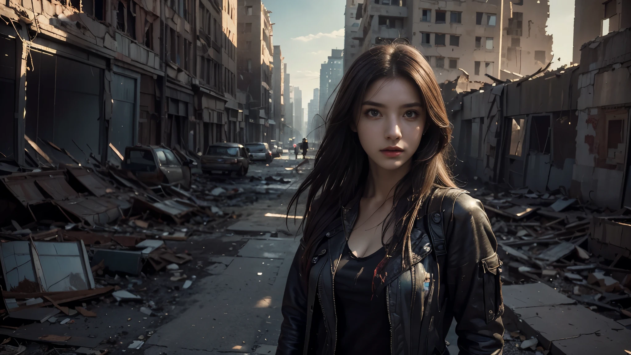 masterpiece, high res,8K,(Portrait Photos:1.5),(R Original Photo),Reality,Digital Photography,(Apocalyptic ruins ),City ruins，beautiful 20 year old woman，sentry， post-apocalyptic scene，Medium distance photography， torn clothes 