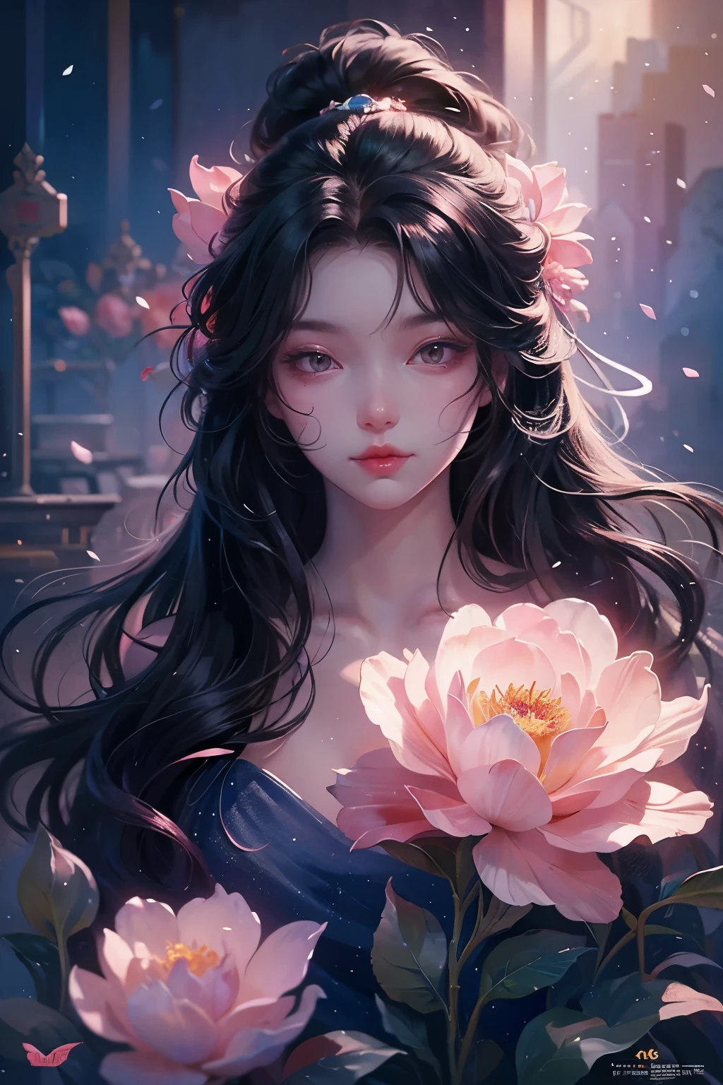 a beautiful woman with long black wavy hair, pink eyes, blushing cheeks, eye shadow, a cute face, flowers in her hair, ethereal beauty, looking directly at the audience, high quality, detailed, photorealistic, 8k, masterpiece, cinematic lighting, vibrant colors, fantasy portrait