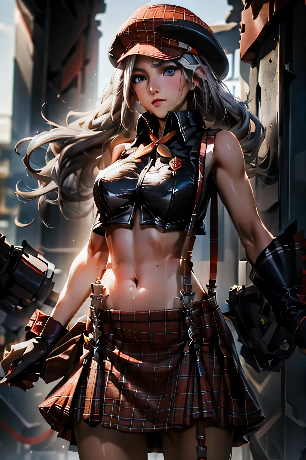  perfect anatomy　 best quality, highest resolution,((( shiny costume　 red hat 　red shiny plaid skirt　 suspenders　 Silver Hair　Dark blue eyes　sweat　 out of your belly button)))　God Eater　Alisa Ilinichna Amiella