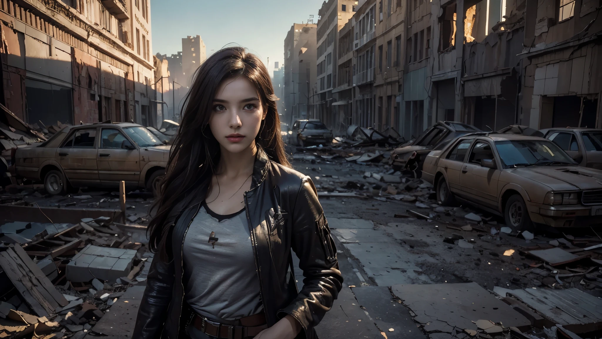 masterpiece, high res,8K,(Portrait Photos:1.5),(R Original Photo),Reality,Digital Photography,(Apocalyptic ruins ),City ruins，beautiful 20 year old woman，sentry， post-apocalyptic scene，Medium distance photography， torn clothes 