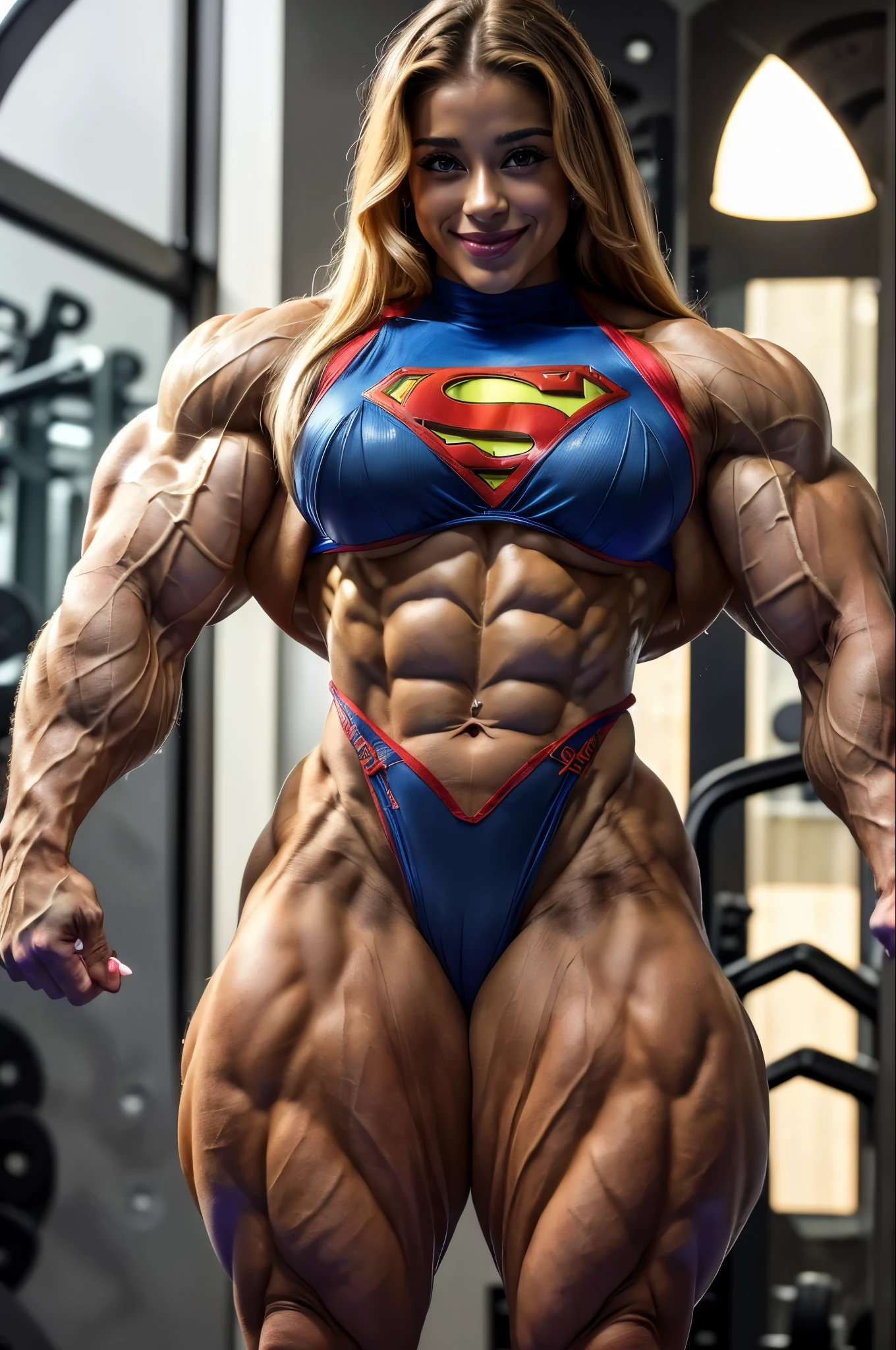 (Muscular:2.2), (thick thighs:2.2),
blonde female, (supergirl), (big smile:1.7), (blunt bangs), (ponytail:0.8),
earrings, lipstick, eyeshadow,
hard nipples, (small breasts:2),
(blue sleeveless tanktop, cleavage, midriff, speedo:1.9), (small cape:1.3), (choker:1.2), (active pose:1.5),
looking at viewer, three quarter view, (upper body view),
(skyline background:1.2), rim lighting, two tone lighting, dim lighting, bokeh, detailed skin, detailed eyes