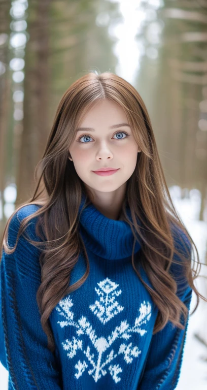  Portrait,  High Quality , Ukrainian  fairy winter snow In the forest through the trees About ,  blue eyes,  , ((最 High Quality , 8k, masterpiece :1.3)),  1 girl ,  cute girl ,  Casual clothes :1.2, In the forest,  super detailed face,  Detail Eyes,  double eyelids、 Rib Knit Sweater、