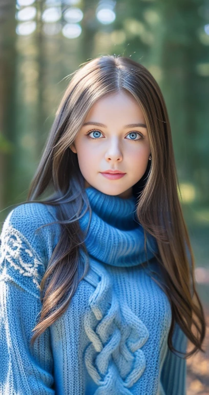  Portrait,  High Quality , Ukrainian  fairy winter snow In the forest through the trees About ,  blue eyes,  , ((最 High Quality , 8k, masterpiece :1.3)),  1 girl ,  cute girl ,  Casual clothes :1.2, In the forest,  super detailed face,  Detail Eyes,  double eyelids、 Rib Knit Sweater、