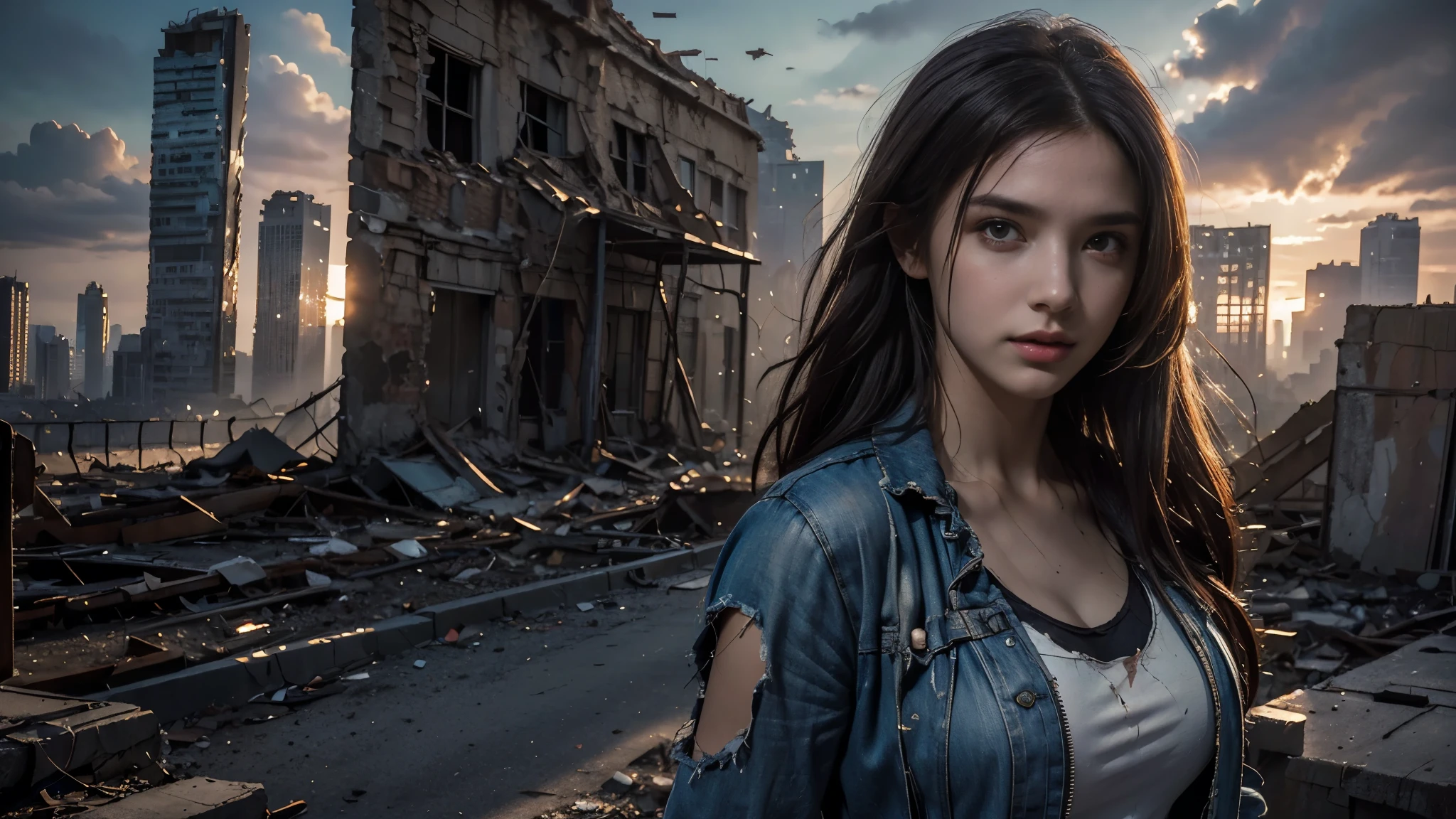 masterpiece, high res,8K,(Portrait Photos:1.5),(R Original Photo),Reality,Digital Photography,(Apocalyptic ruins ),City ruins，beautiful 20 year old woman，sentry， post-apocalyptic scene，Medium distance photography， torn clothes 