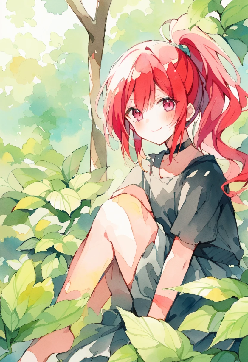 Watercolor colorful,kushina,girl,age 16,solo,red hair,long ponytail,smiling,seated down in leaves,kushina uzumaki