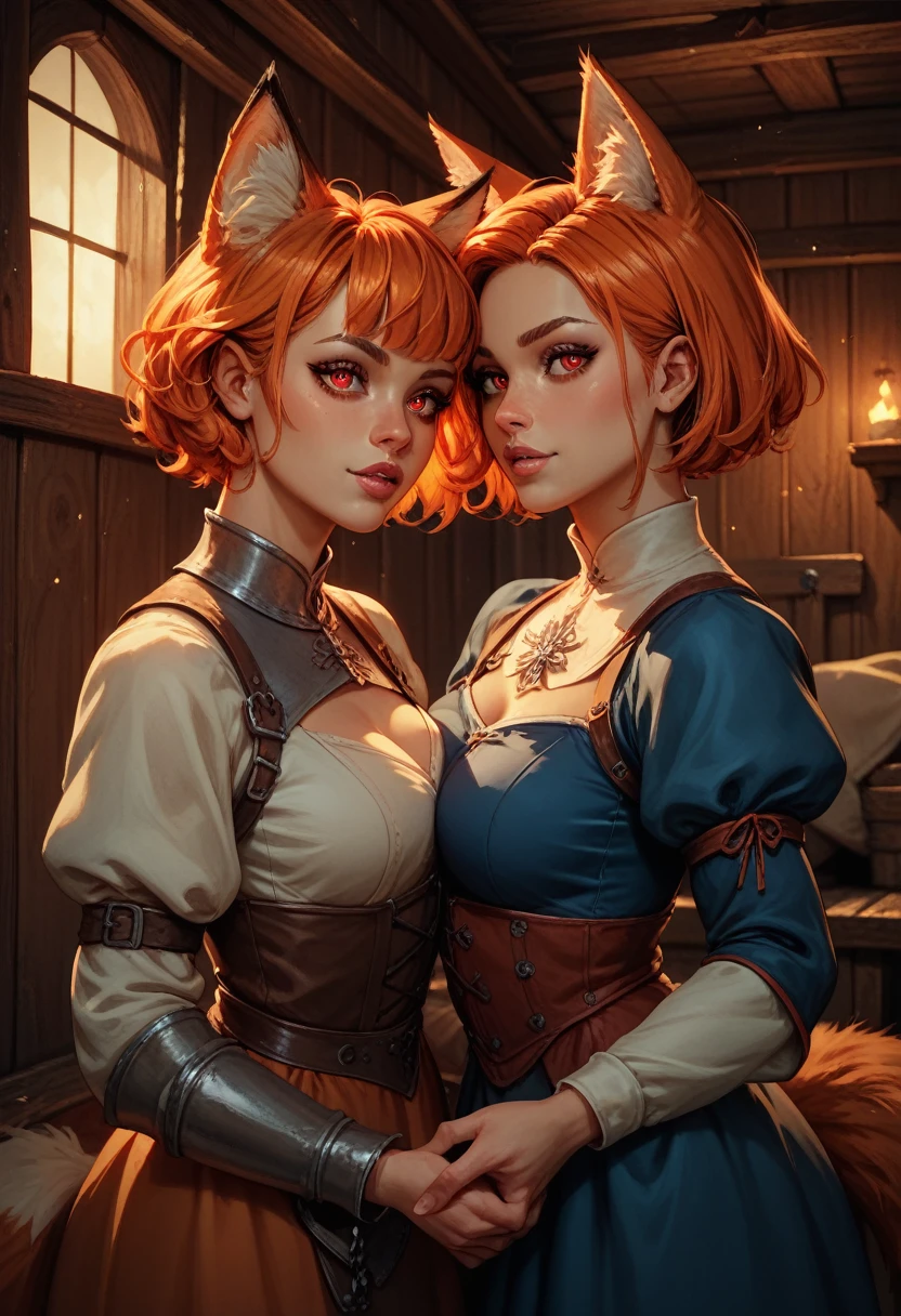 (2heads),A 2D casual game character, the geek girl character,1girl,blonde,redhead,ponytail, chubby,curvy,cute, sad, angry, happy, excited, anxious, happy, laughing, ultra detailed, stylized, high quality digital art,at a haunted mansion