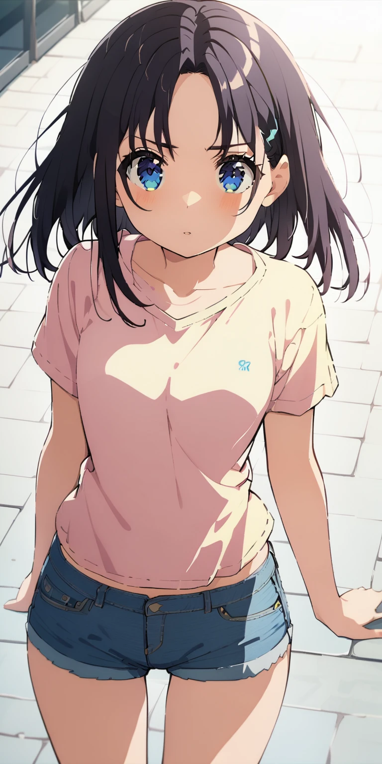 nagatoro :  A cute girl dressed in a t-shirt and short denim shorts ,  in front of me 