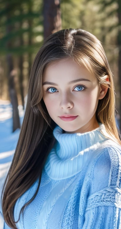  Portrait,  High Quality , Ukrainian  fairy winter snow In the forest through the trees About ,  blue eyes,  , ((最 High Quality , 8k, masterpiece :1.3)),  1 girl ,  cute girl ,  Big Breasts, In the forest,  super detailed face,  Detail Eyes,  double eyelids、 rib knit long sweater、sweater with chest hole 、whole body、