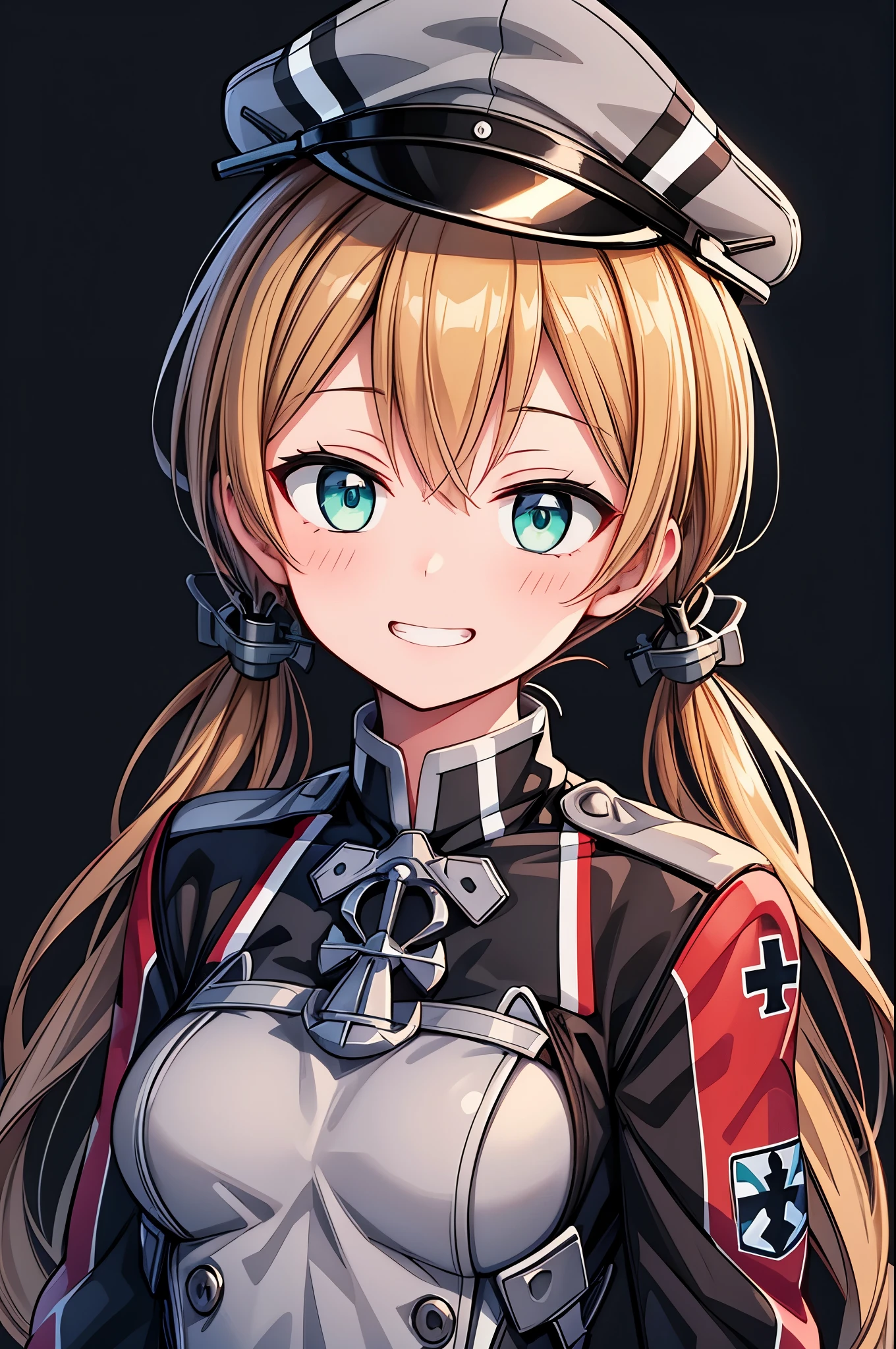 (masterpiece, best quality, illustration, delicate details, 8K:1.2),(upper body:1.2),1girl,solo,small face,(happy:1.2),grin,(looking at viewer:1.5),black background,blonde hair,twintails,hair ornament,military uniform,anchor hair ornament,peaked cap,white gloves,low twintails,iron cross,breasts,long sleeves,military hat,long hair,green eyes,aqua eyes