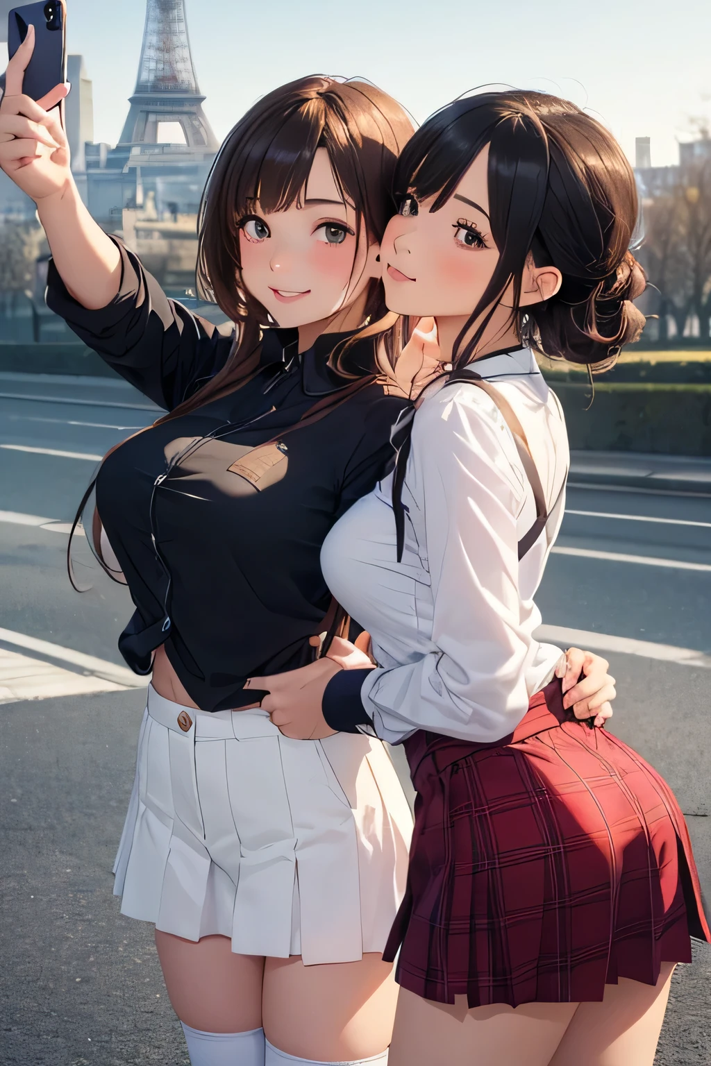 (top-quality)、 (masterpiece)、(profetional lighting)、 (Bewitching:1.2)、 (A hyper-realistic)、(Stylish), (intricate detailes)、 (Perfect anatomical depiction of the human body)、(Girl standing proudly in front of camera with chest turned、Another girl on the other side is bending down and sticking her ass out at the camera), ( Huge breasts:1.2), (Beautiful, Smooth, Bright whitening skin without wrinkles and steps,:1.3), (Beautiful bright blue eyes with dazzling squinting long eyelashes and red tear bags)、(shiny little lips)、 (Brunette braided half-up hair shines in the backlight), (Wearing a micro mini skirt on a schoolgirl uniform:1.3)、(Girls' high school uniforms are very cramped due to large breasts, however、The upper body hides the skin without gaps、Eta、It is a design that beautifully complements the big buttocks.:1.6), (This is a photo taken with squinted eyes and a cute smile.), (She is facing me with one hand., Flipping up the skirt、Put your fingers on your proud crotch and show it off from the front:2.0), (The other girl on the other side turned away、Showing off your proud super big ass from right behind、Bend over and expose her ass:1.3), (the face is chubby), (They are kissing face to face while touching:1.3), (A detailed face), (Shot in a garden full of flowers:1.2),