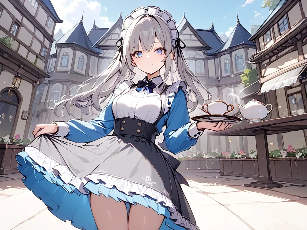 ( adult woman),(最High image quality, 8k, masterpiece:1.3), (24 years old:1.5), ( gray hair ), ( semi-long),  ( good style、Full body shot、Fair skin、 maid outfit 、 Long Sleeve 、Sophisticated, beautiful eyes、 long lashes、Waiter、Elegant、noble、 standing、 Long Skirt、Western-style building、Outer court、Pour in the tea、Tea Ceremony)), ([Ultra Clear:1.5), ( shiny skin:1.1),(Pale skin:1.1),High image quality、 clear contours、