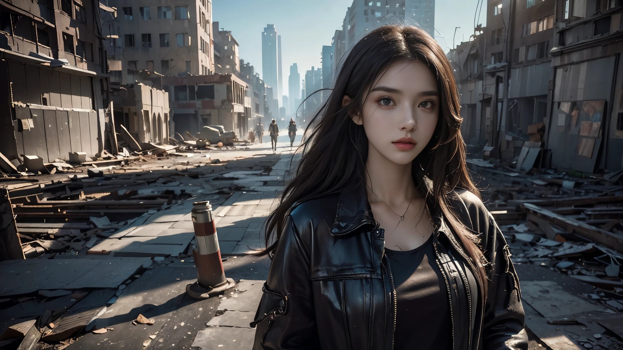 masterpiece, high res,8K,(Portrait Photos:1.5),(R Original Photo),Reality,Digital Photography,(Apocalyptic ruins ),City ruins，beautiful 20 year old woman，sentry， post-apocalyptic scene，Medium distance photography， torn clothes 