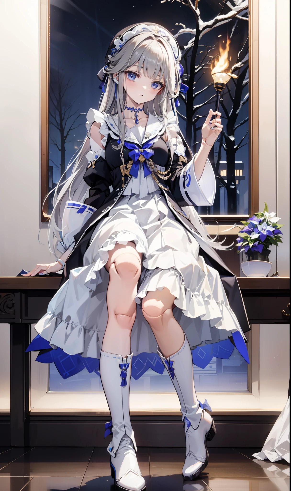 goddess，obsessed，have fun，in love，(White transparent maid uniform，With a long skirt)，Silver Hair，Blue Eyes，Transparent Clothes，Exquisite hair accessories，Transparent lace，Sky blue pattern，night，Dress nicely，bedroom，solitary，night，Engraved suspender boots，Beautiful face