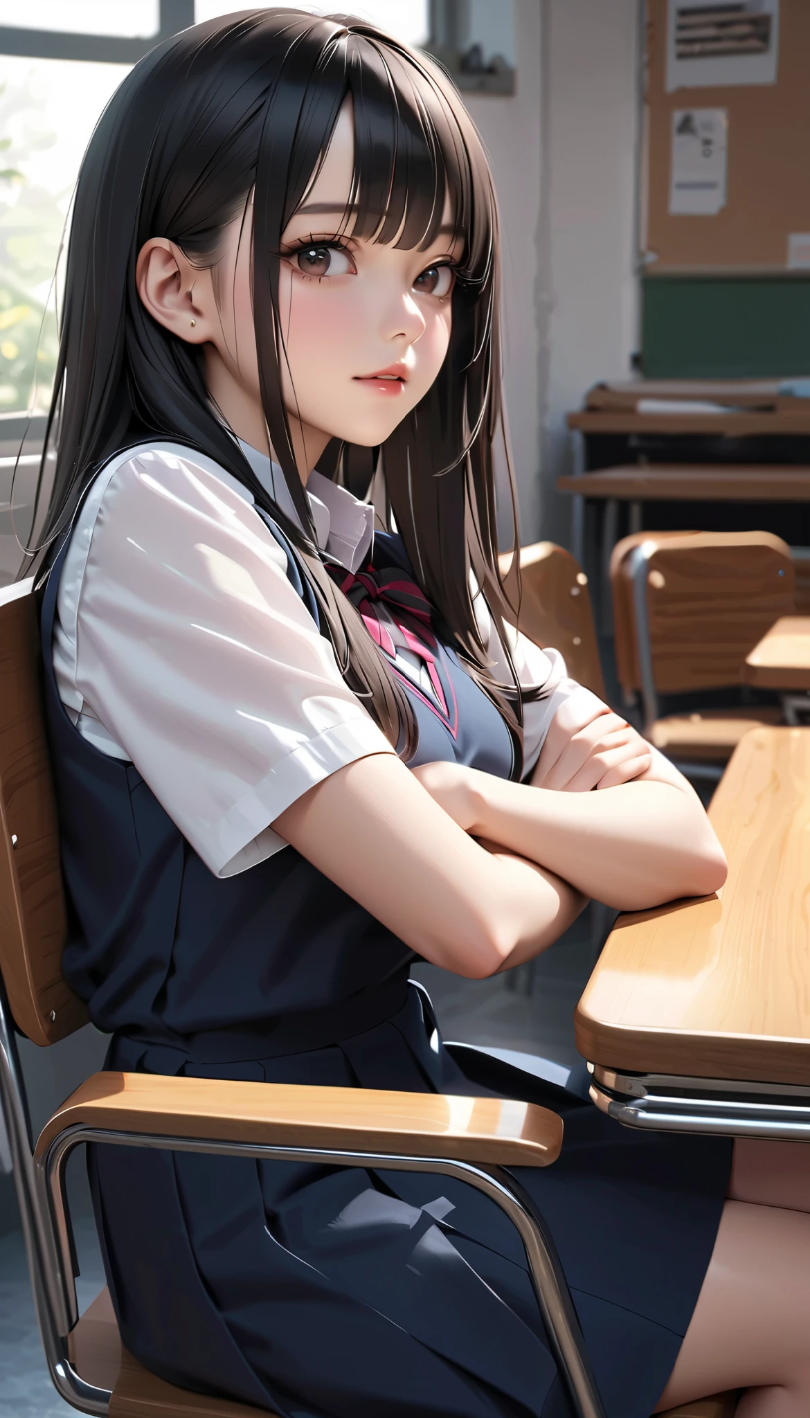 high school girl、classroom、Window seat、Upper Body、Daytime、Sitting with a sullen face、Elbows on the desk、profile